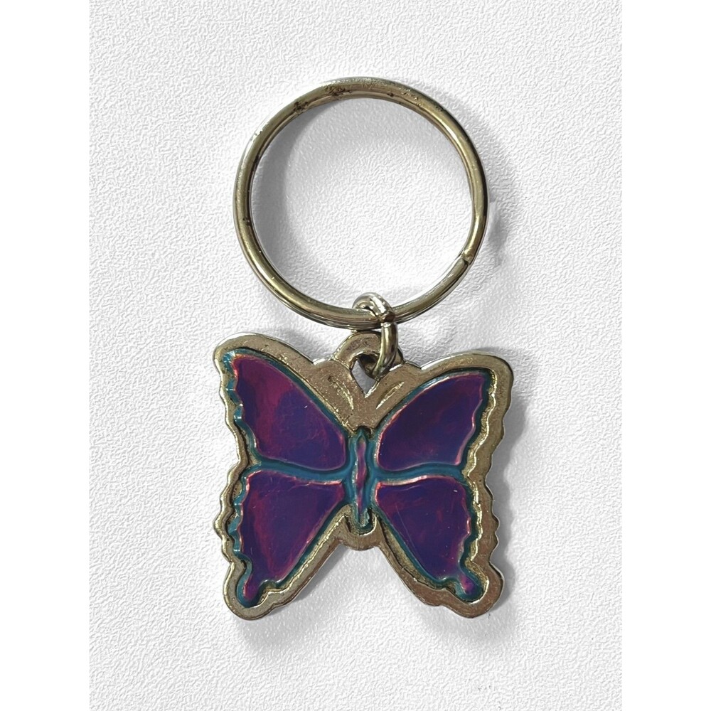 VTG Color Change Butterfly Keychain Keyring Iridescent Mood Silver Key Tone Ring
